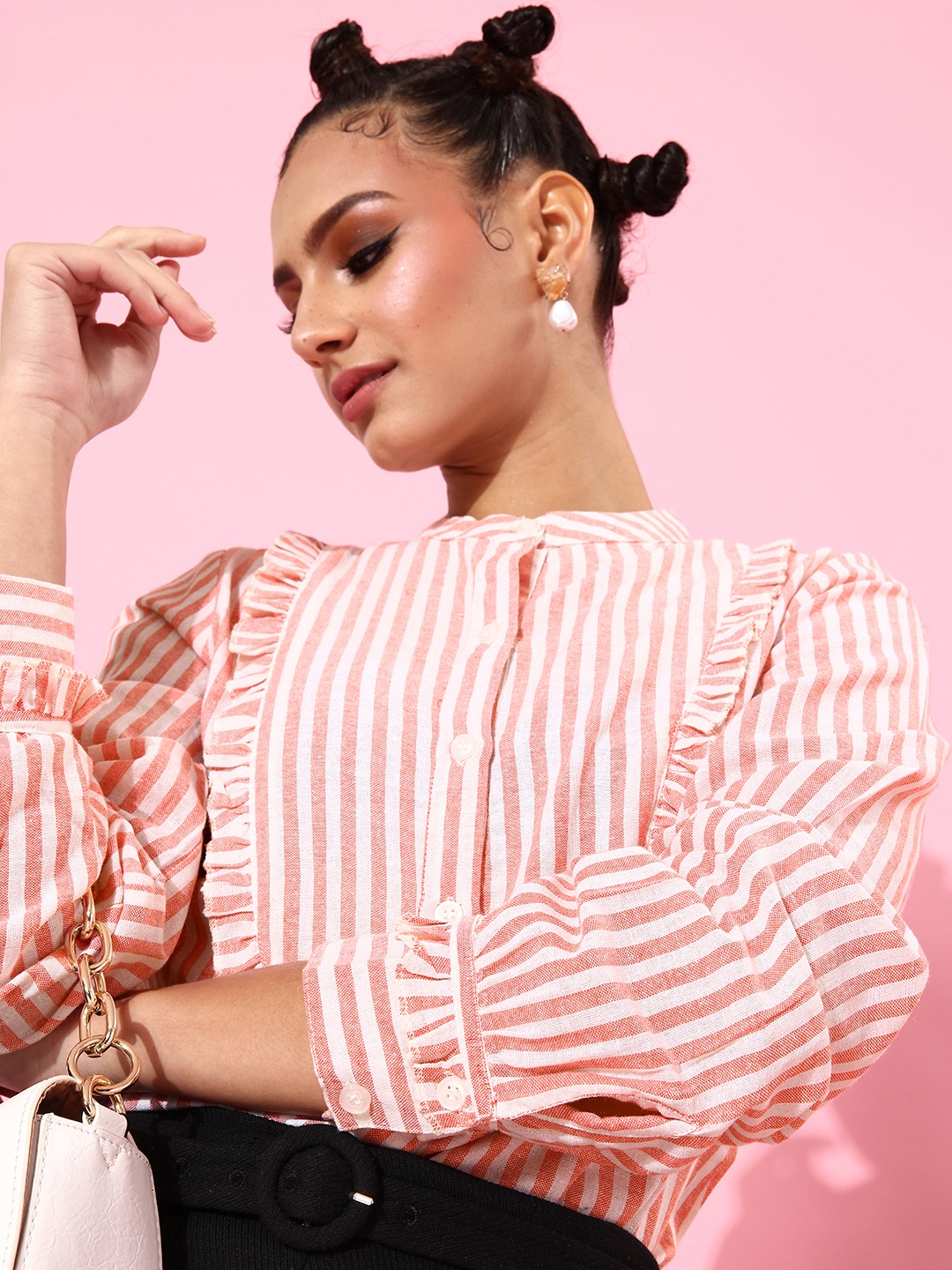 

StyleCast Pink Vertical Striped Feminine Frills Top