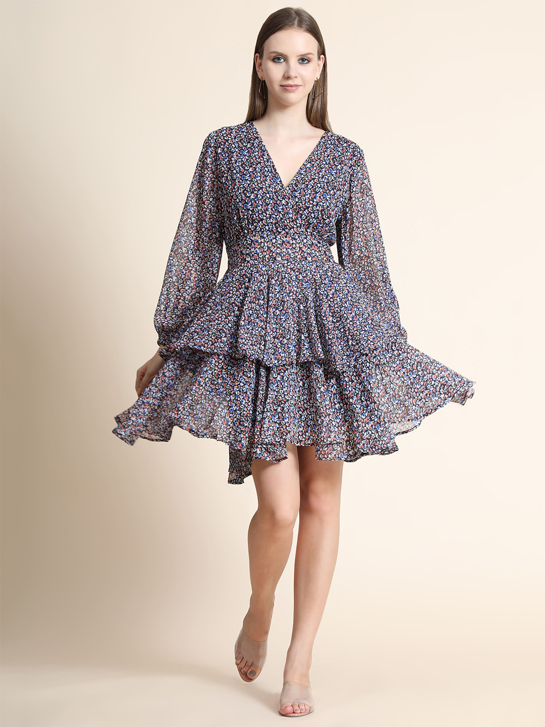 

Rediscover Fashion Navy Blue Floral Gathered Georgette Mini Dress