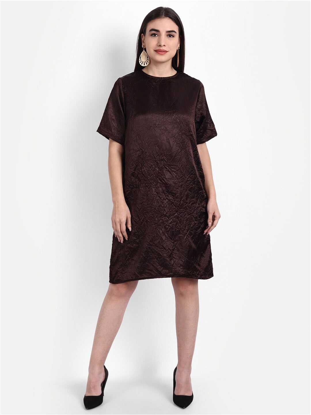 

Rediscover Fashion Brown Crush Satin A-Line Dress