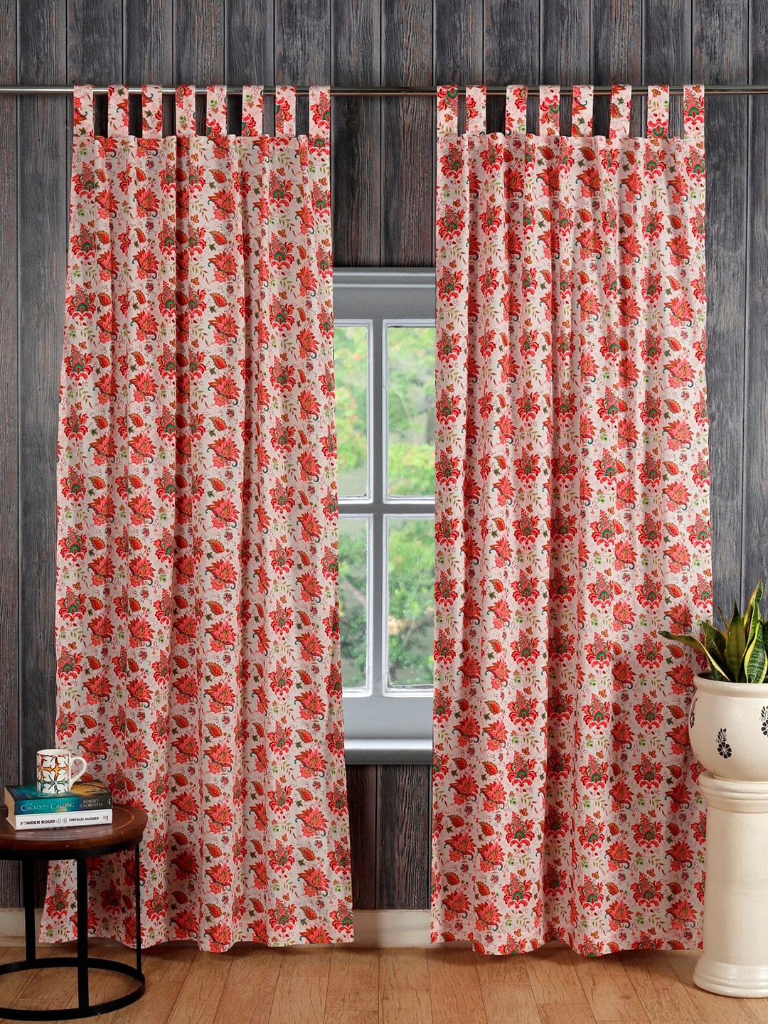 

HANDICRAFT PALACE White & Orange Set of 2 Floral Sheer Door Curtain