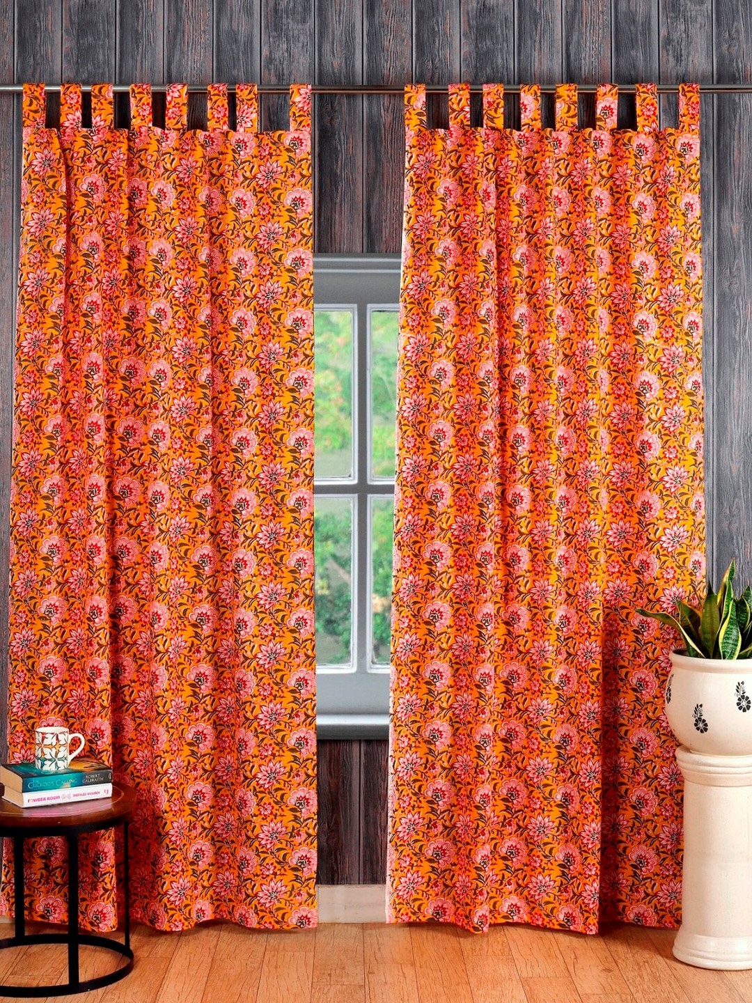 

HANDICRAFT PALACE Yellow Set of 2 Floral Sheer Door Curtain