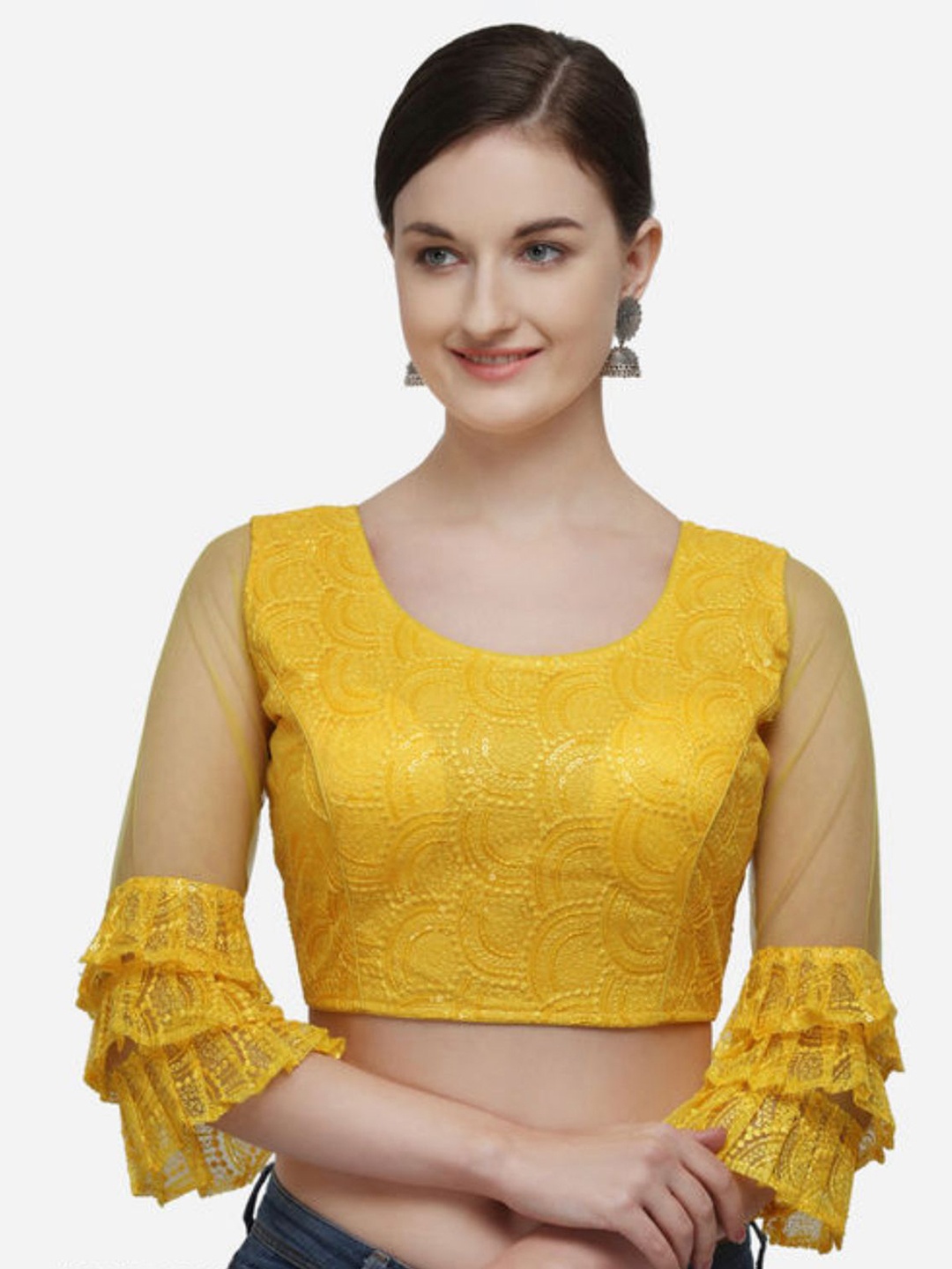 

LINARO LIFESTYLES Women Yellow Embroidered Frill Saree Blouse