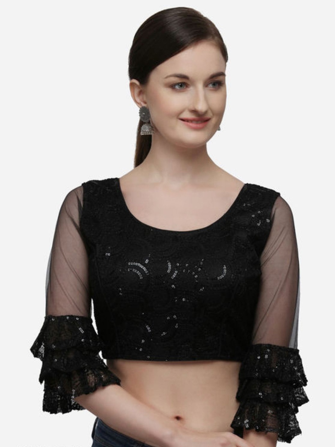

LINARO LIFESTYLES Women Black Sequinned Frill Saree Blouse
