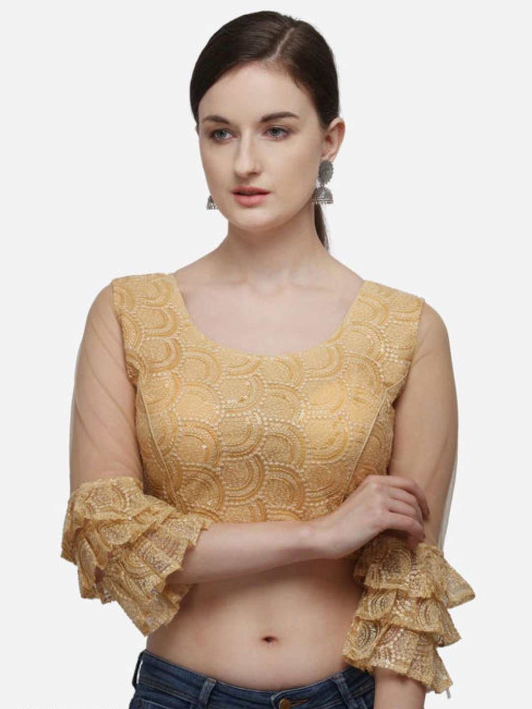 

LINARO LIFESTYLES Women Gold-Coloured Embellished Frill Saree Blouse