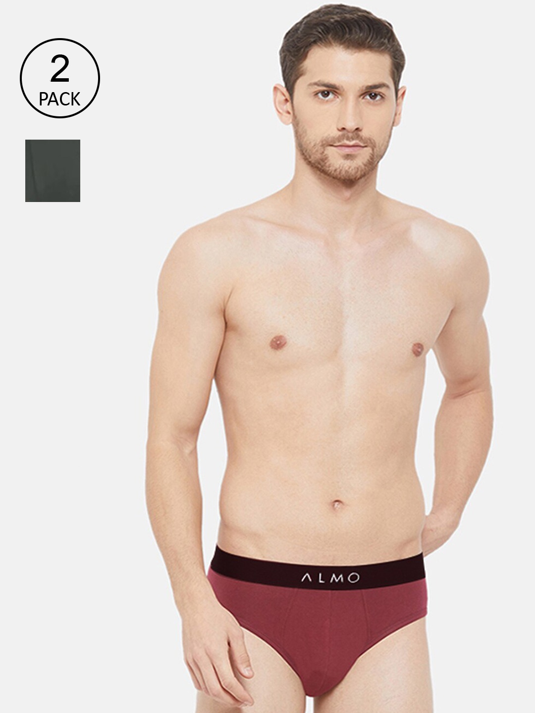 

Almo Wear Men Pack of 2 Olive Green & Rust Red Solid Antimicrobial Basic Cotton Briefs