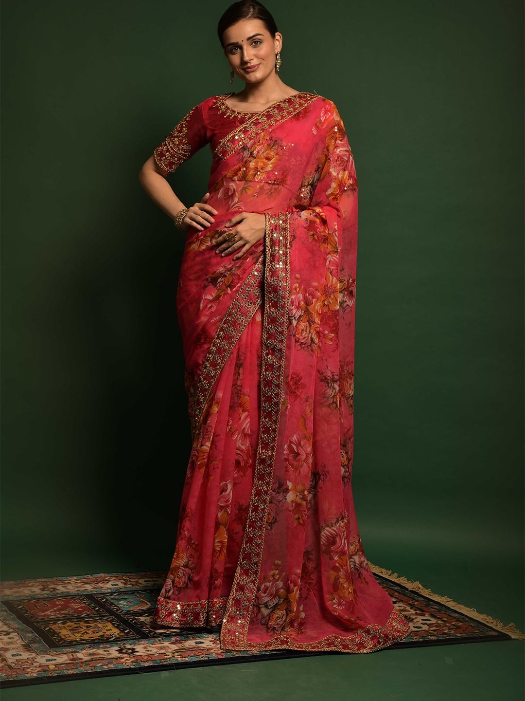 

elora Pink & Green Floral Zari Pure Georgette Bhagalpuri Saree