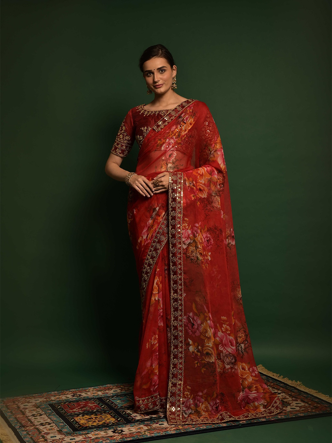 

elora Red & White Floral Embroidered Pure Georgette Bhagalpuri Saree