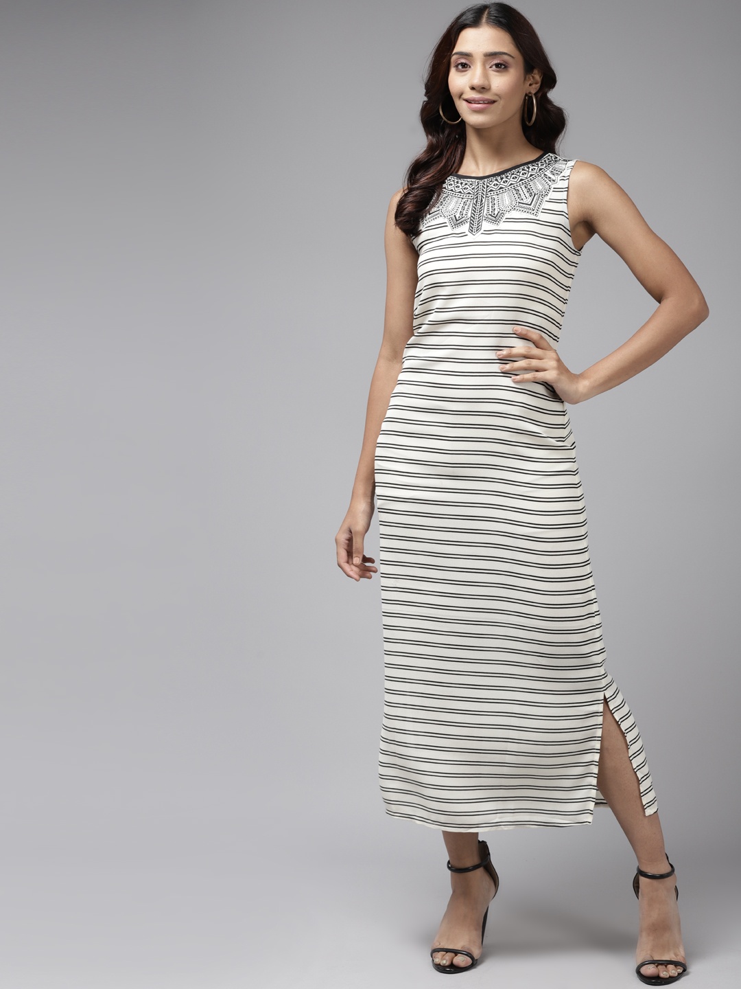 

Aarika Black & White Striped Applique Georgette Maxi Dress