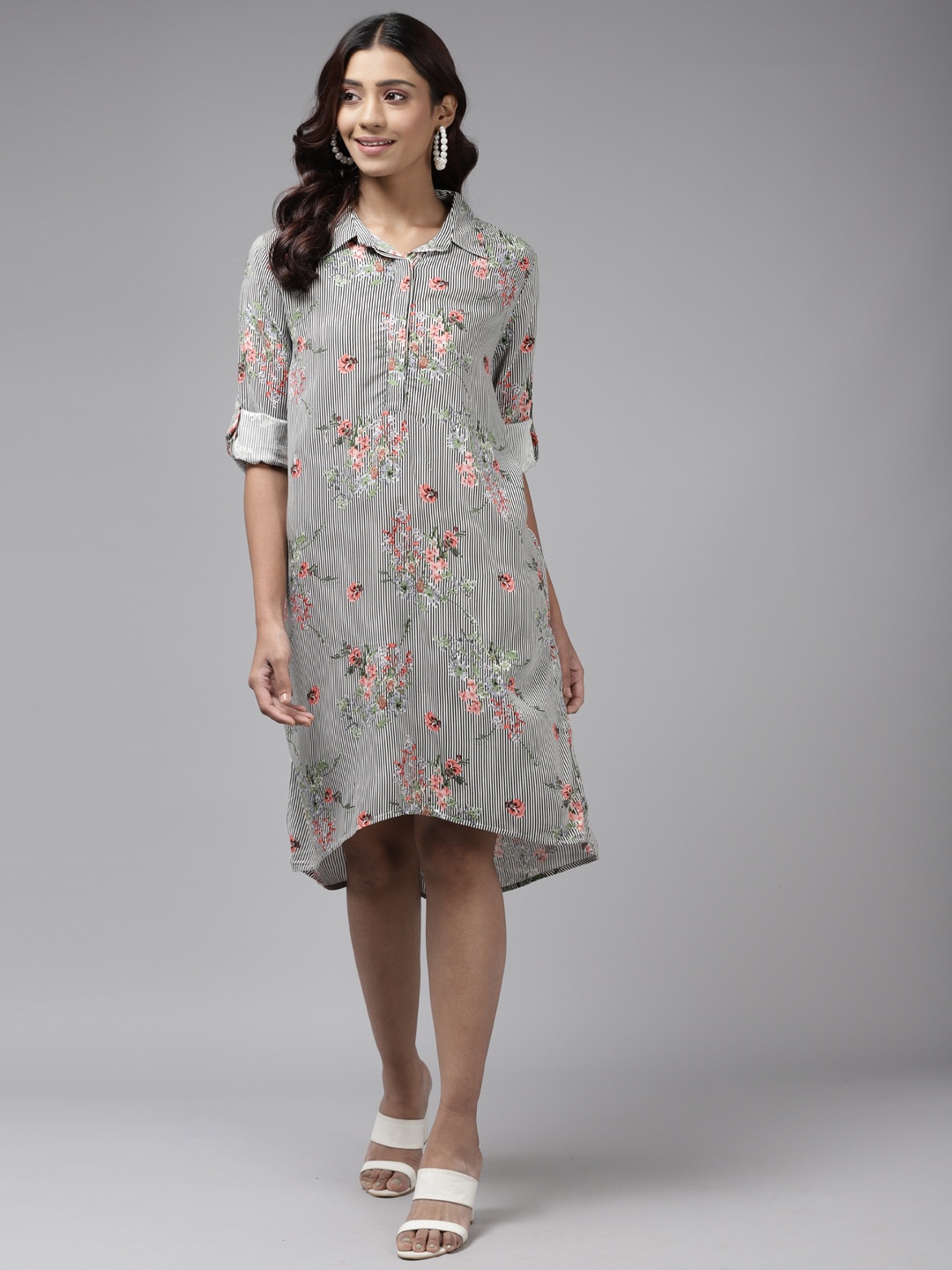 

Aarika Black & White Floral Printed Georgette Shirt Style Dress