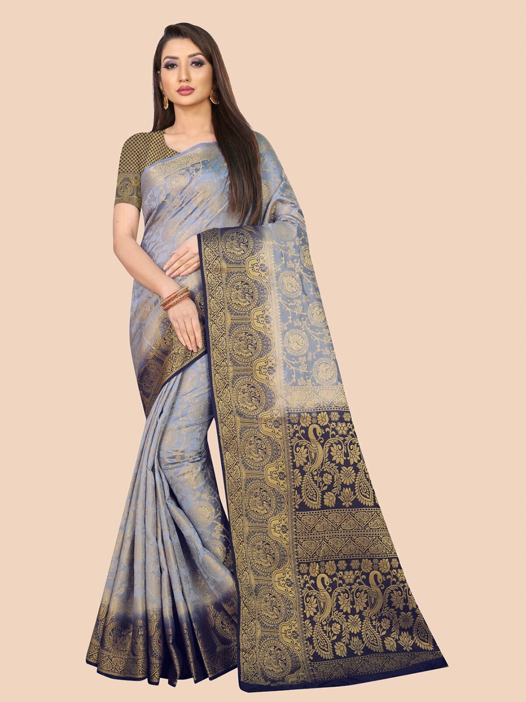 

nirja Fab Grey & Navy Blue Ethnic Motifs Zari Silk Cotton Banarasi Saree