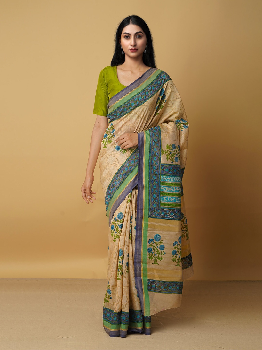 

Unnati Silks Brown & Blue Ethnic Motifs Silk Blend Tussar Saree