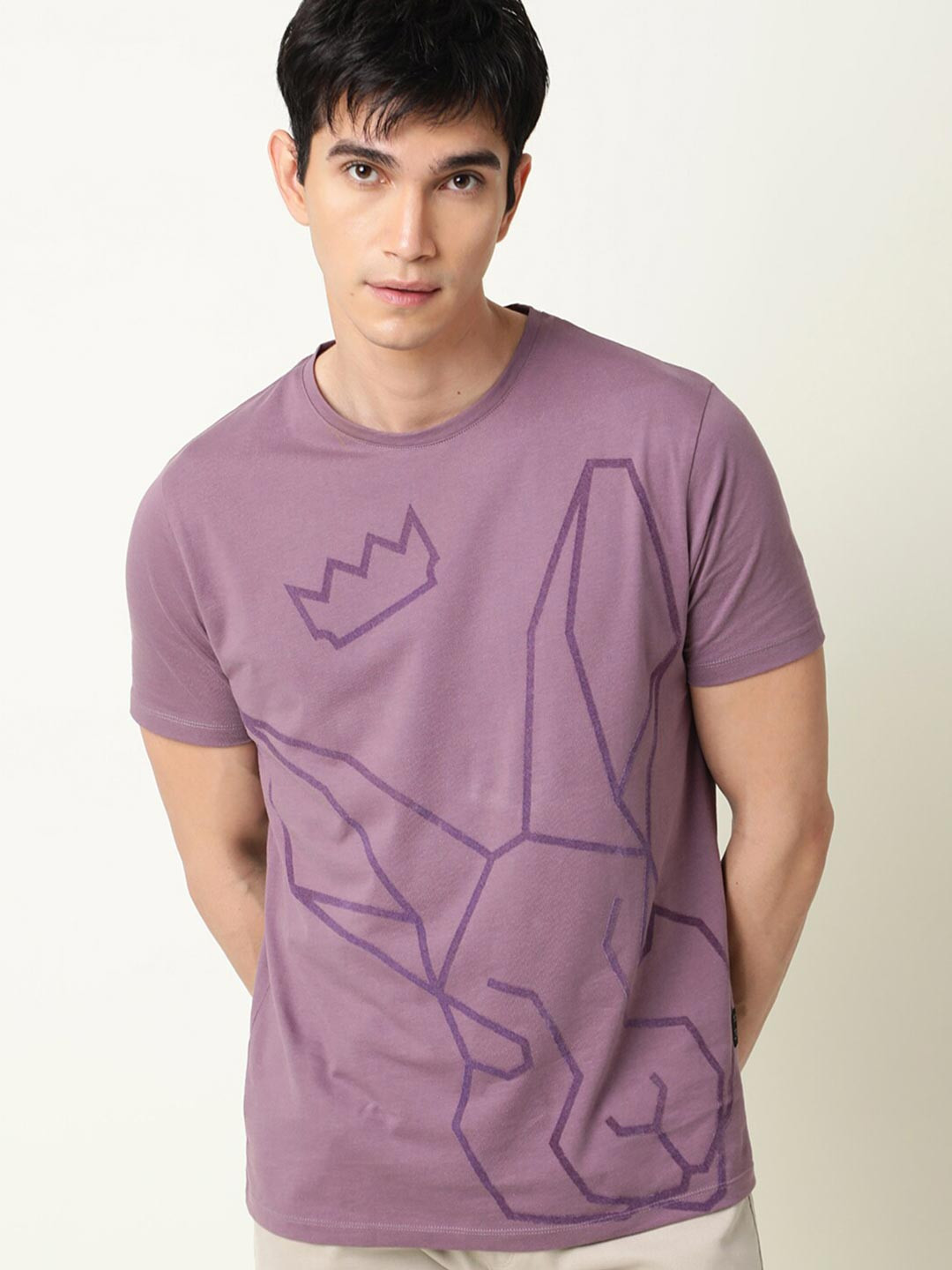 

RARE RABBIT Men Kingo Printed Cotton Slim Fit T-Shirt, Purple