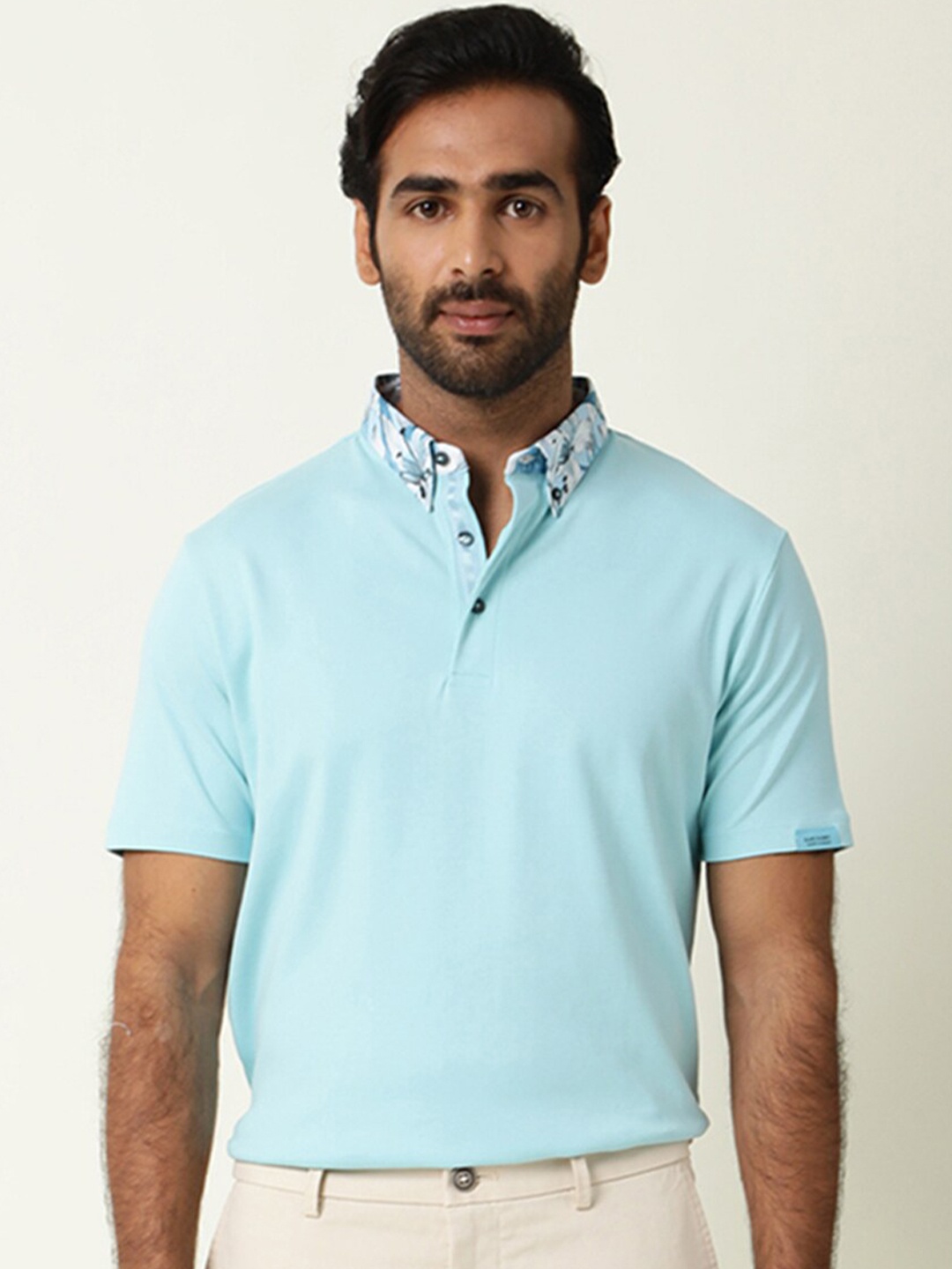 

RARE RABBIT Men Rings-4 Slim Fit Solid Polo Collar T-Shirt, Turquoise blue