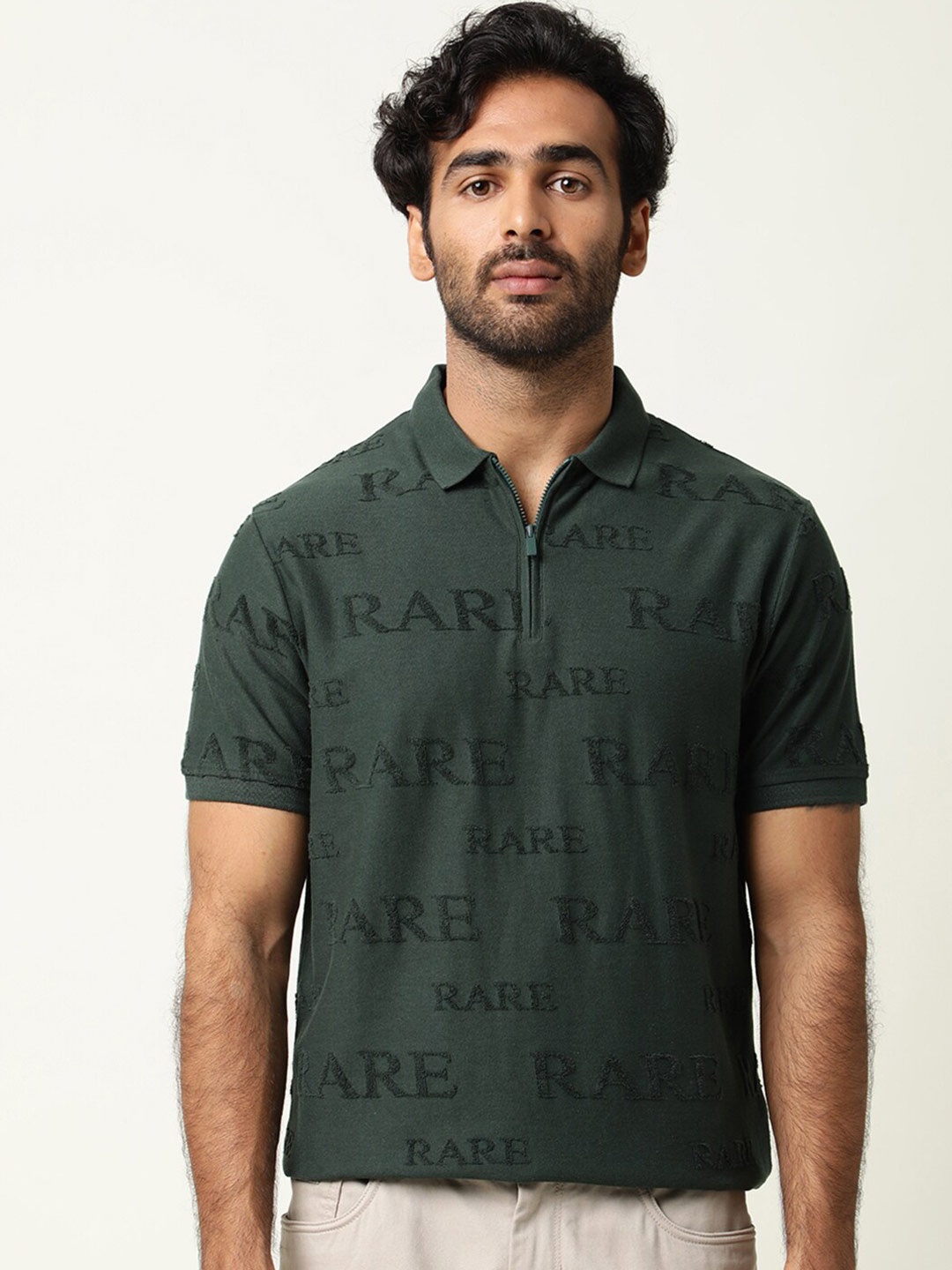 

RARE RABBIT Men Gesset Typography Printed Polo Collar Slim Fit T-Shirt, Green