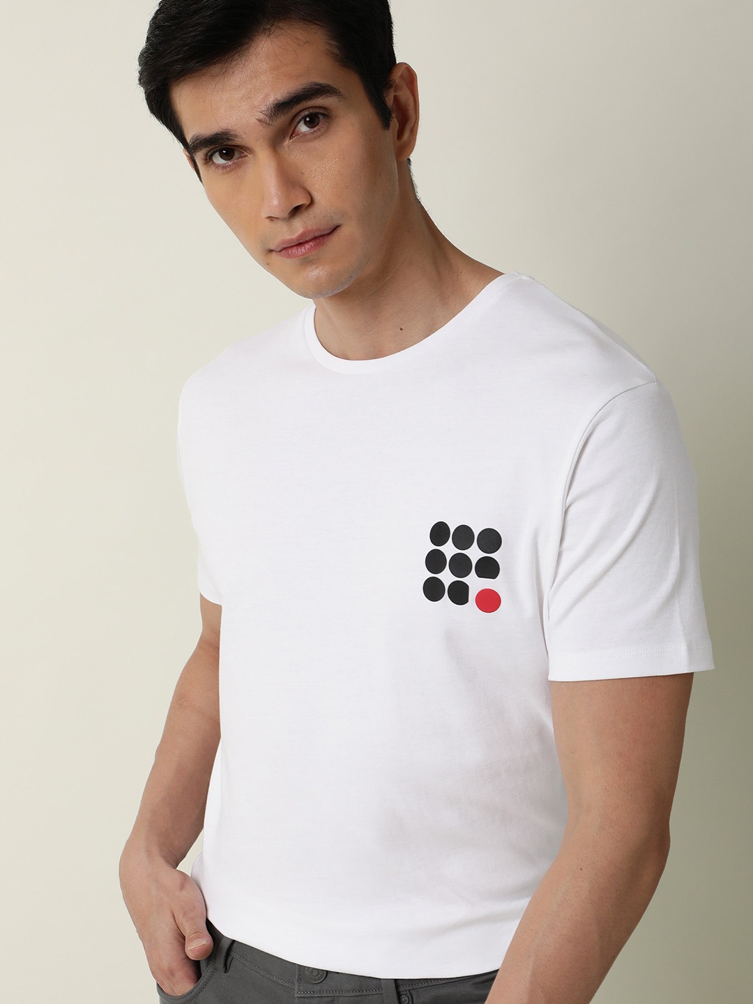 

RARE RABBIT Men Dot Printed Slim Fit T-Shirt, White