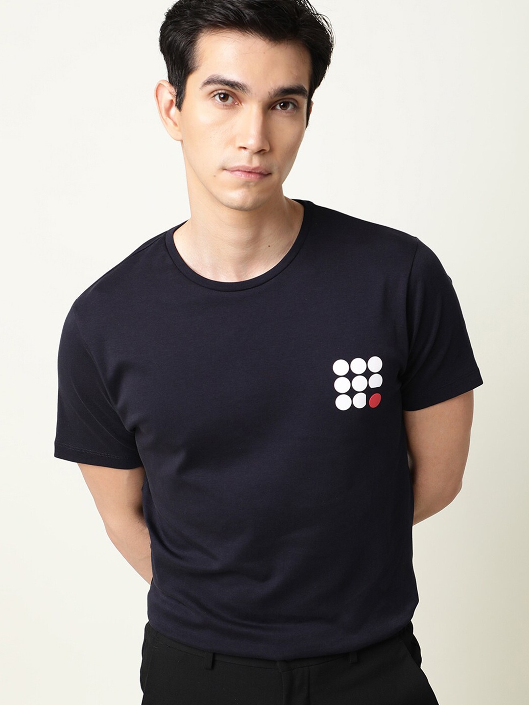 

RARE RABBIT Men Dot Slim Fit T-Shirt, Navy blue