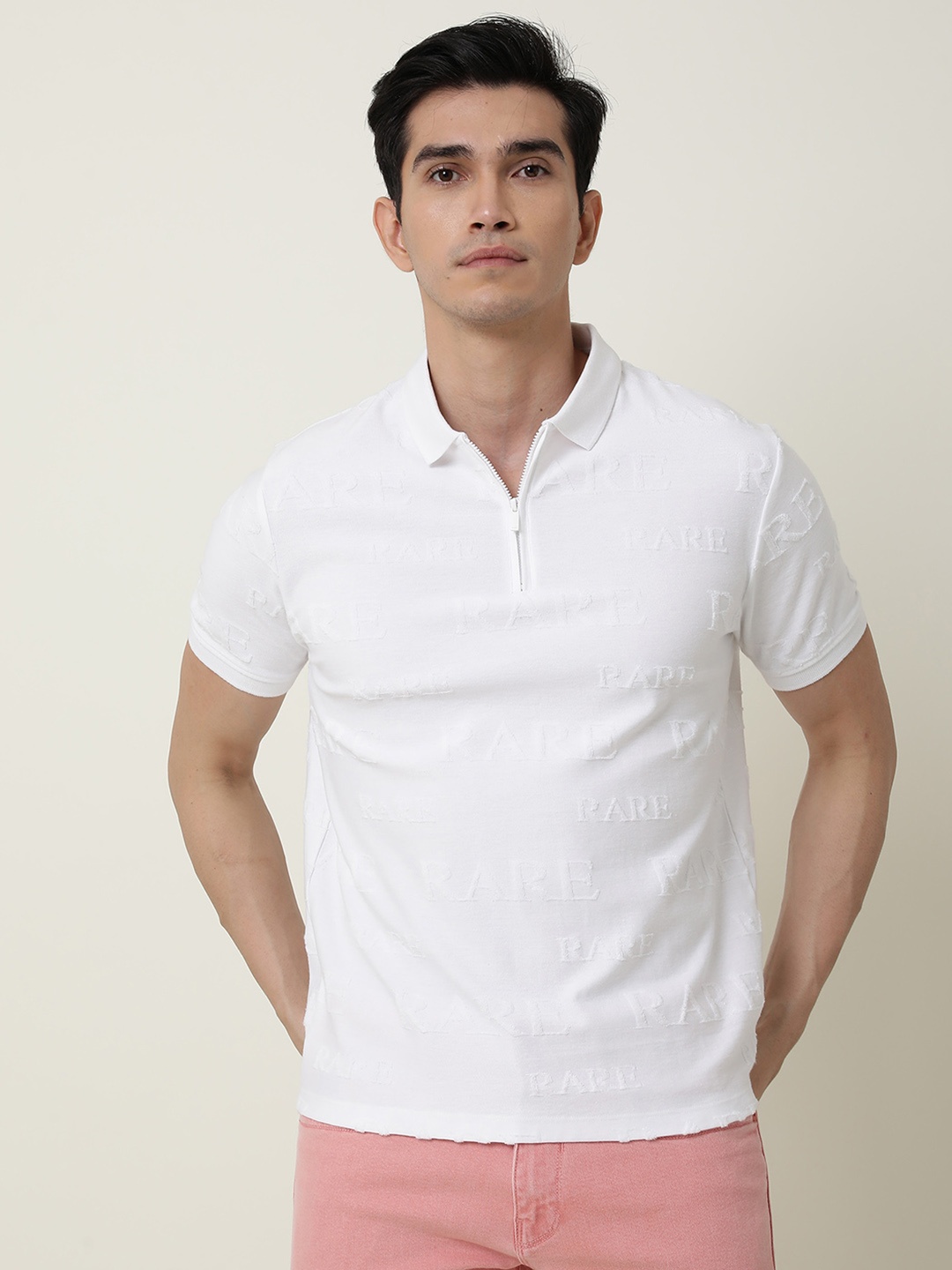 

RARE RABBIT Men Gesset Printed Polo Collar Slim Fit T-Shirt, White