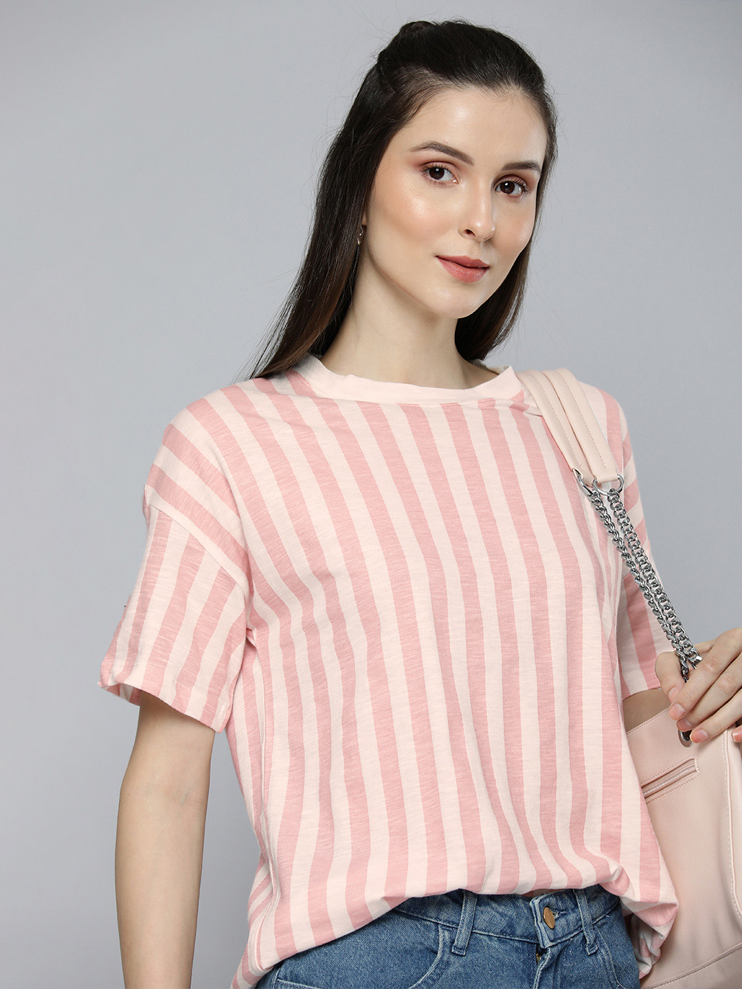 

Harvard Women Pink & White Striped Drop-Shoulder Sleeves Pure Cotton T-shirt