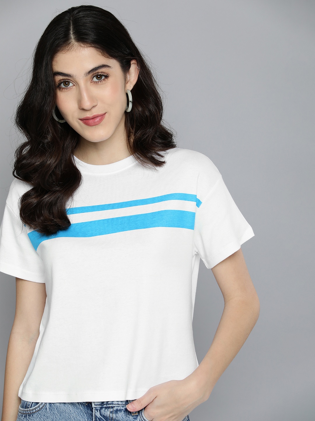 

Harvard Women White & Blue Striped Pure Cotton Casual T-shirt