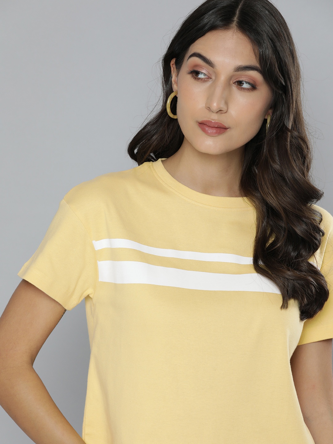 

Harvard Women Yellow & White Striped Drop-Shoulder Sleeves Pure Cotton T-shirt