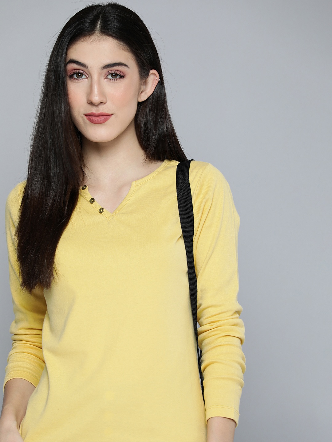 

Harvard Women Yellow Solid Henley-Neck Pure Cotton Regular Top