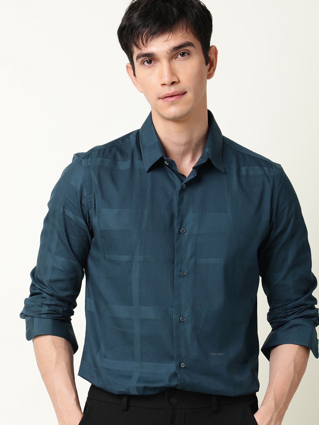 

RARE RABBIT Men Boxline-3 Slim Fit Checked Shirt, Teal