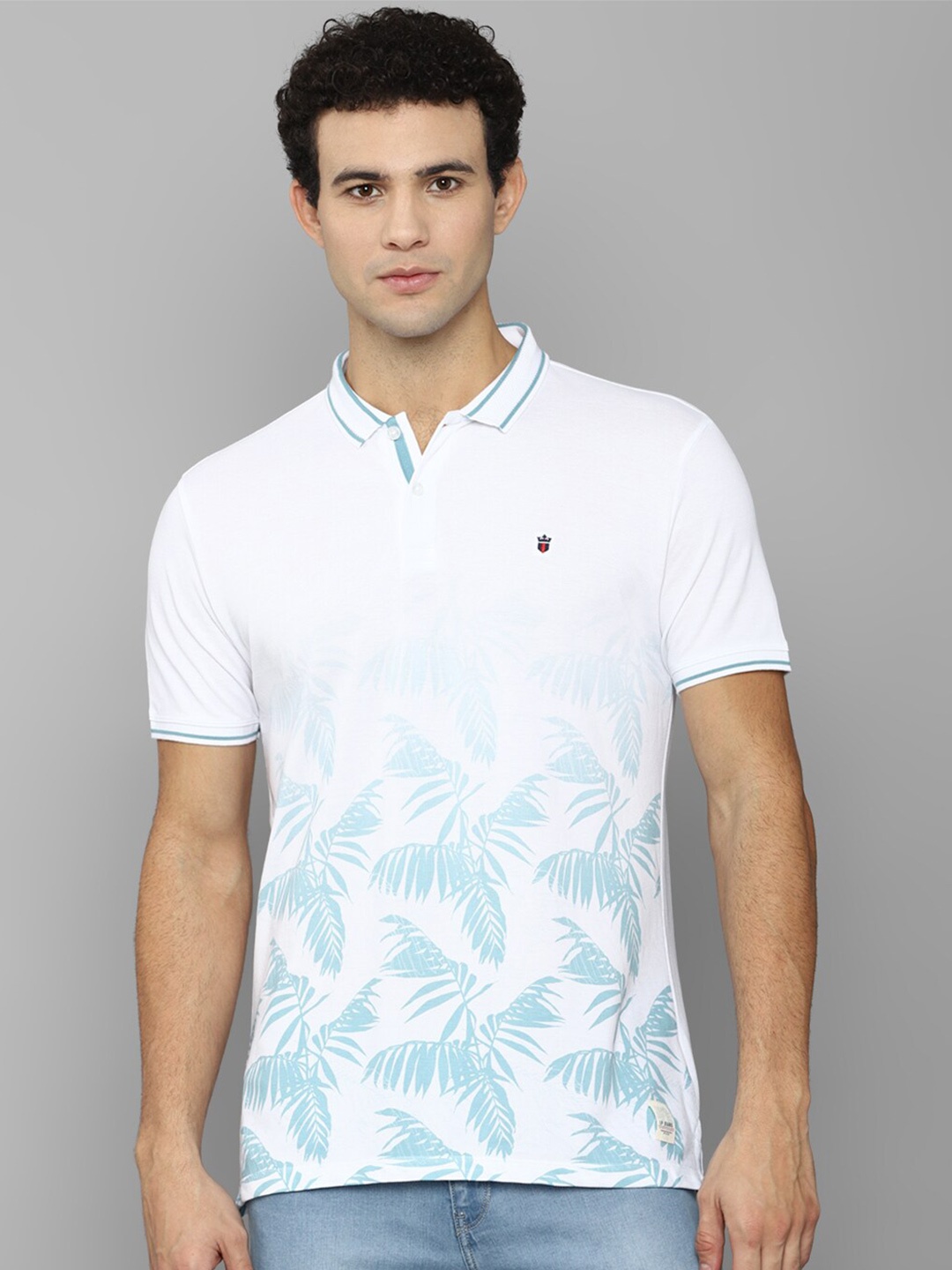 

Louis Philippe Jeans Men White & Blue Floral Printed Polo Collar Slim Fit T-shirt