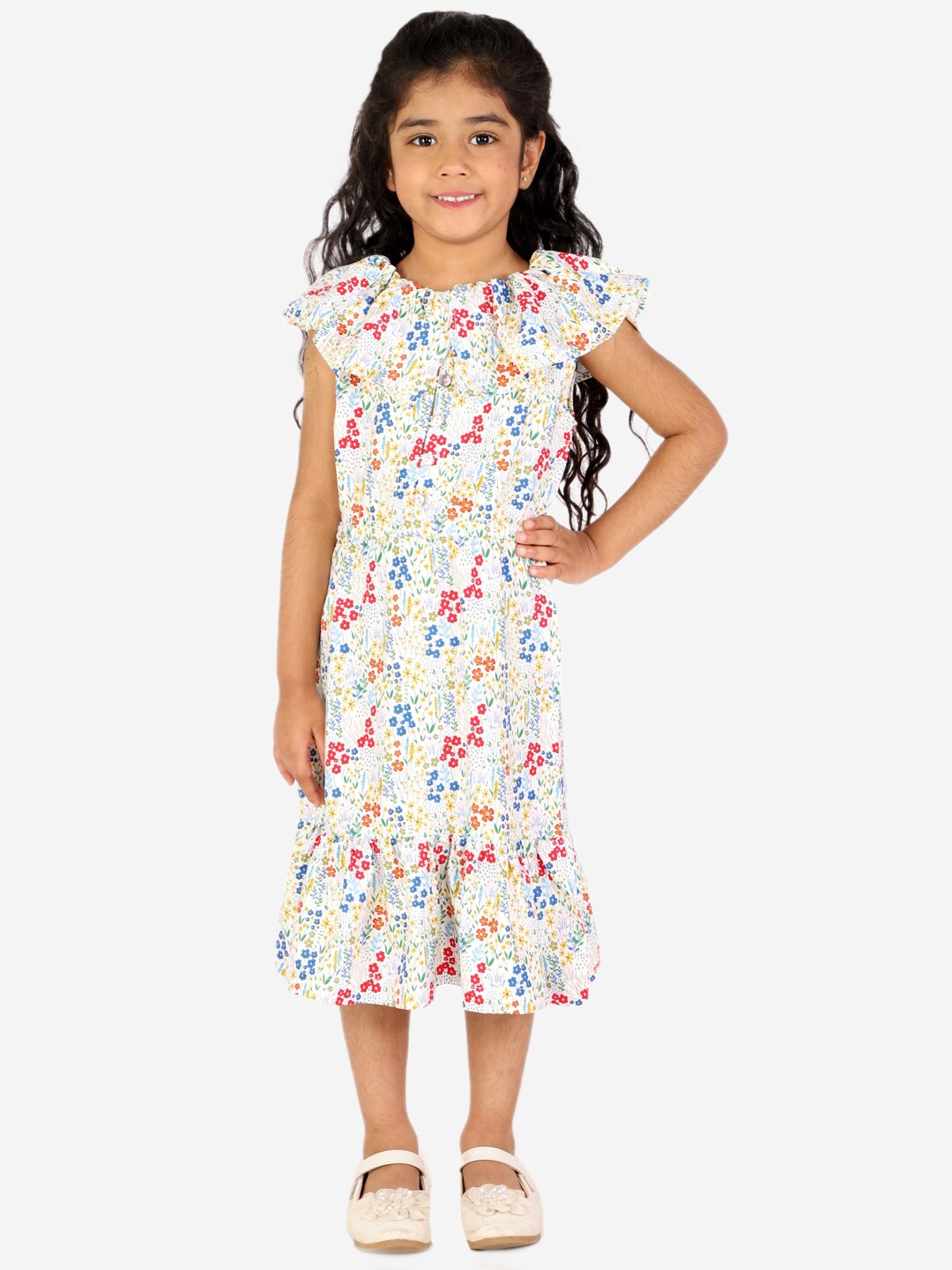 

White Dahlia Cream-Coloured & Pink Floral A-Line Midi Dress