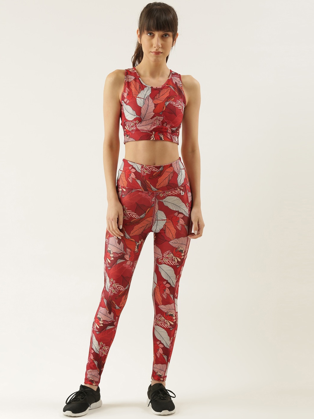 

Bannos Swagger Women Red & White Tropical Printed Sport Bra & Tights Set