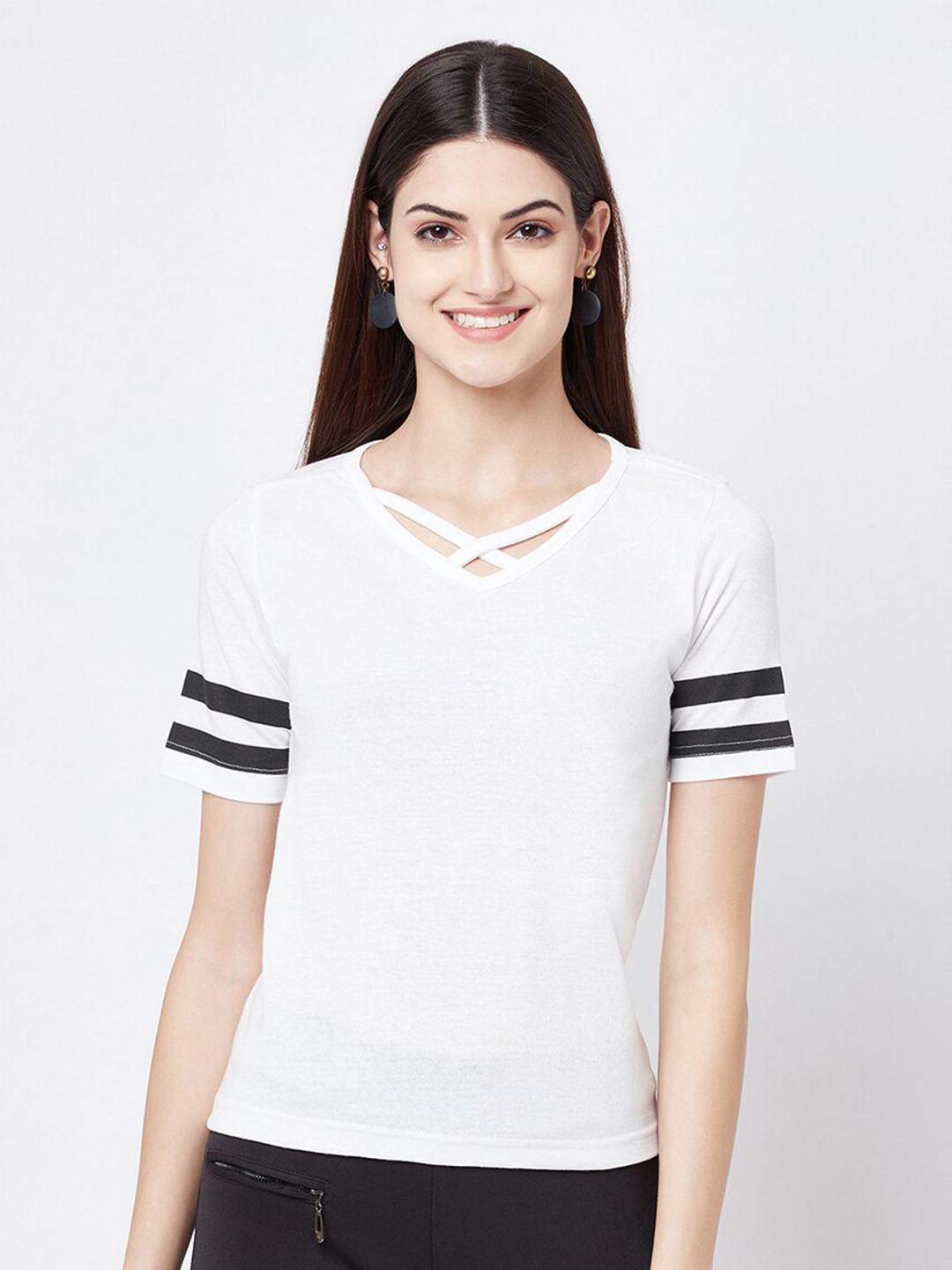 

ELEGANCE Women White V-Neck T-shirt