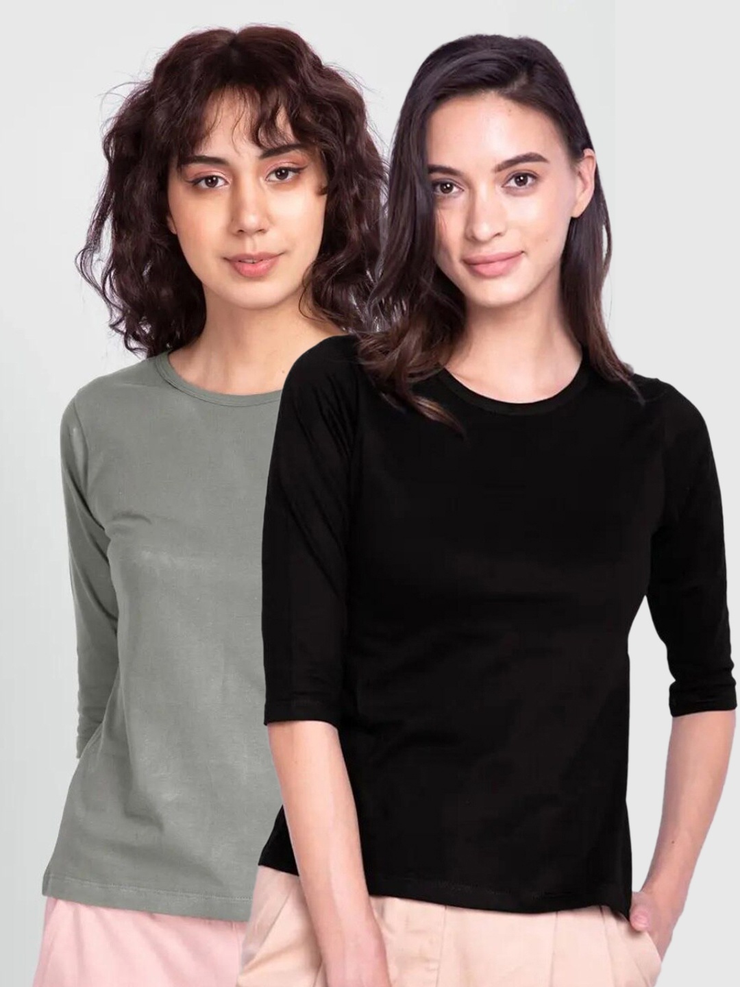 

Bewakoof Women Set Of 2 Grey & Black Pure Cotton Slim Fit T-shirt