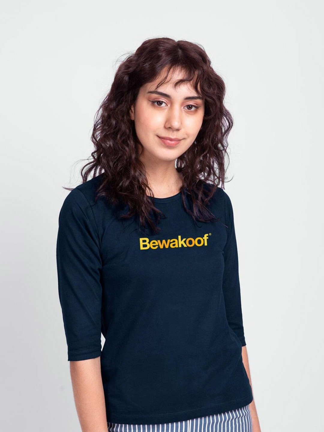 

Bewakoof Women Blue Typography Printed Pure Cotton Slim Fit T-shirt