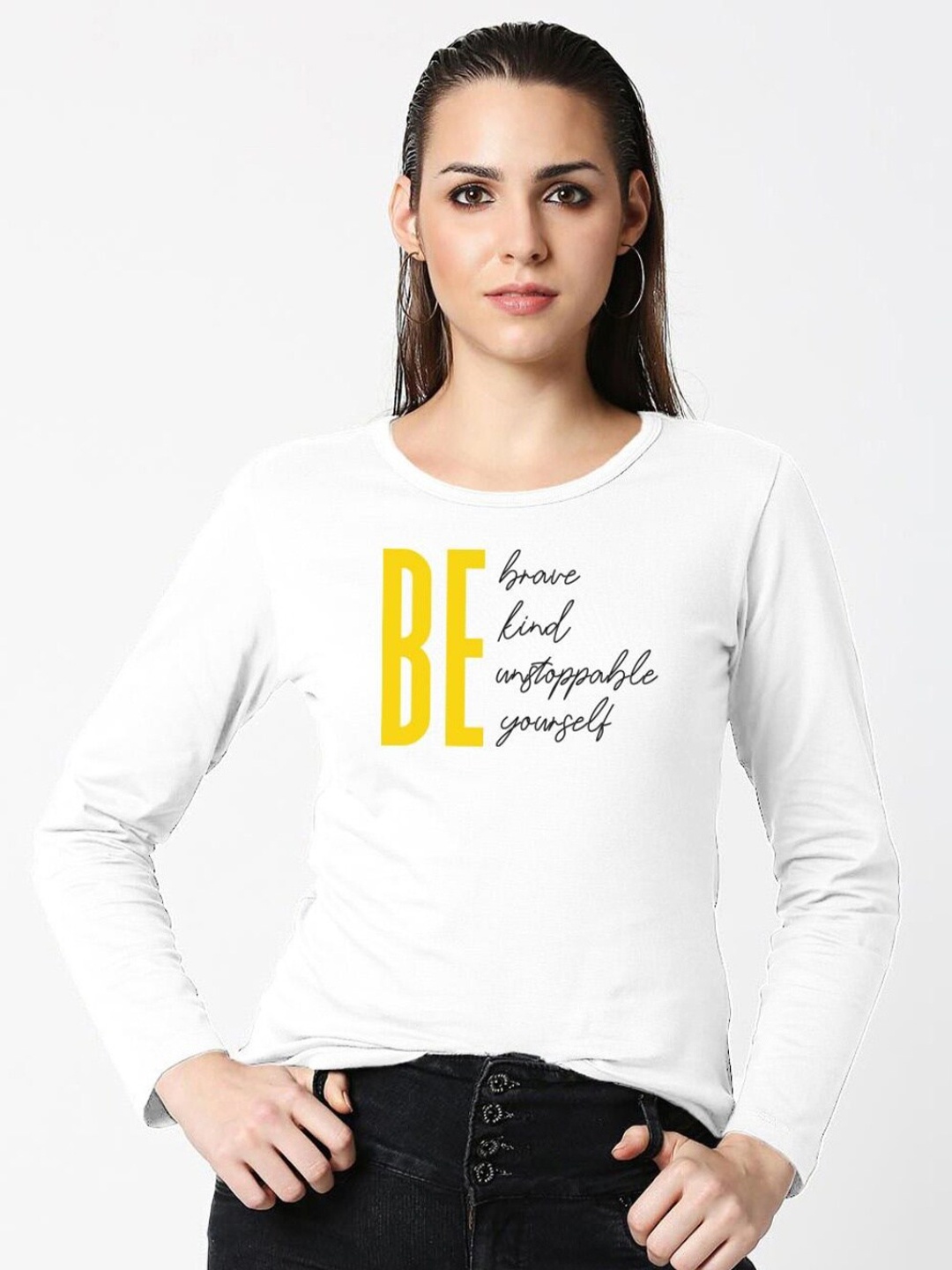 

Bewakoof Women White Typography Printed Pure Cotton Slim Fit T-shirt