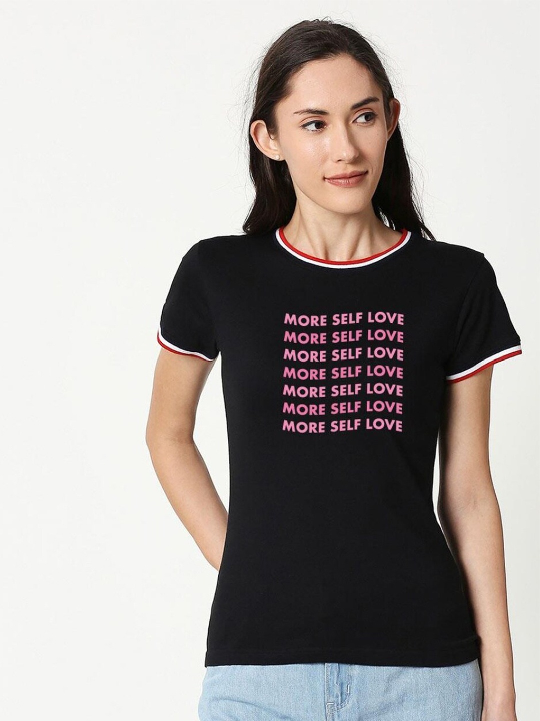 

Bewakoof Women Black Typography Printed Pure Cotton T-shirt