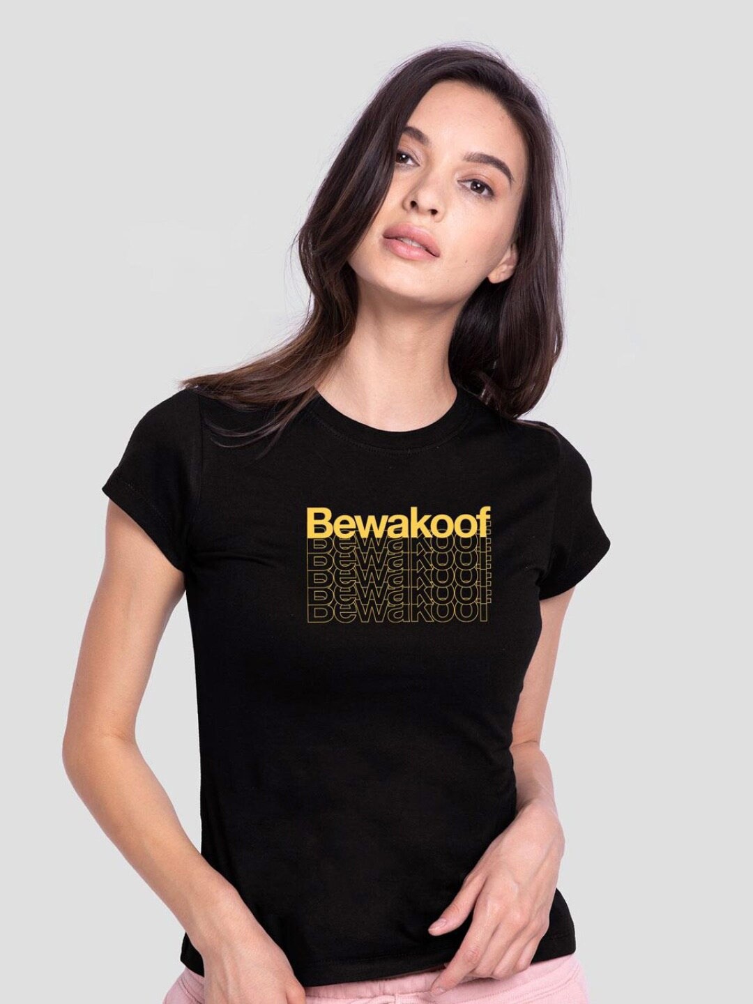 

Bewakoof Women Black Typography Printed Pure Cotton Slim Fit T-shirt