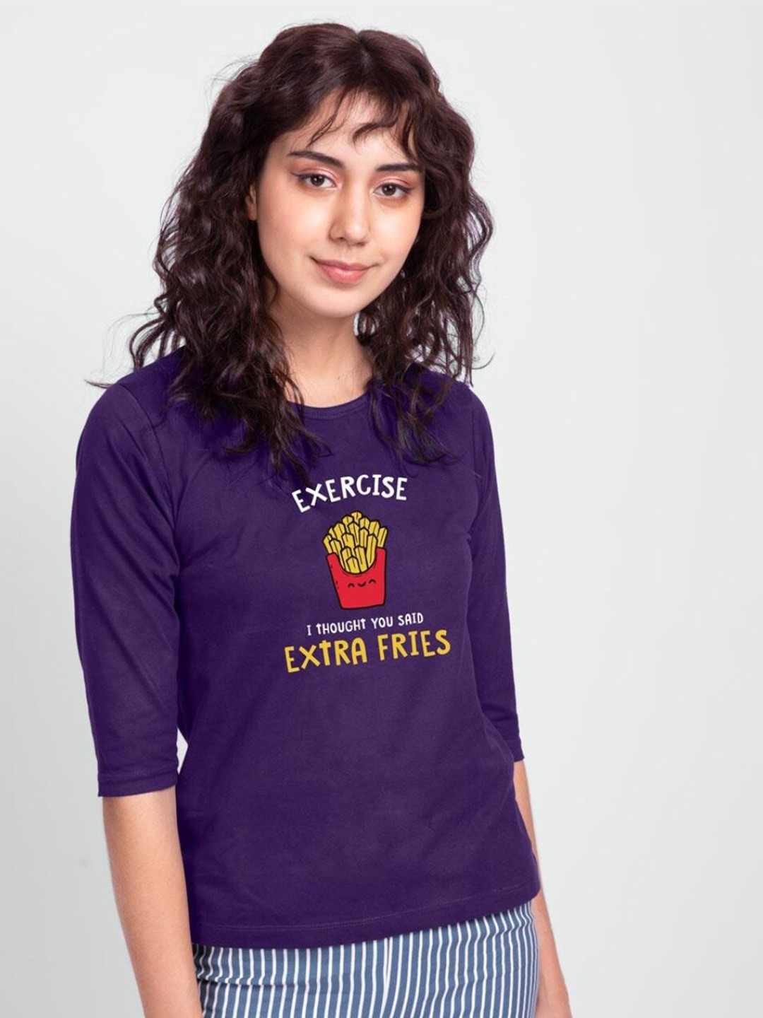 

Bewakoof Women Purple Typography Printed Drop-Shoulder Sleeves Pure Cotton Slim Fit T-shirt
