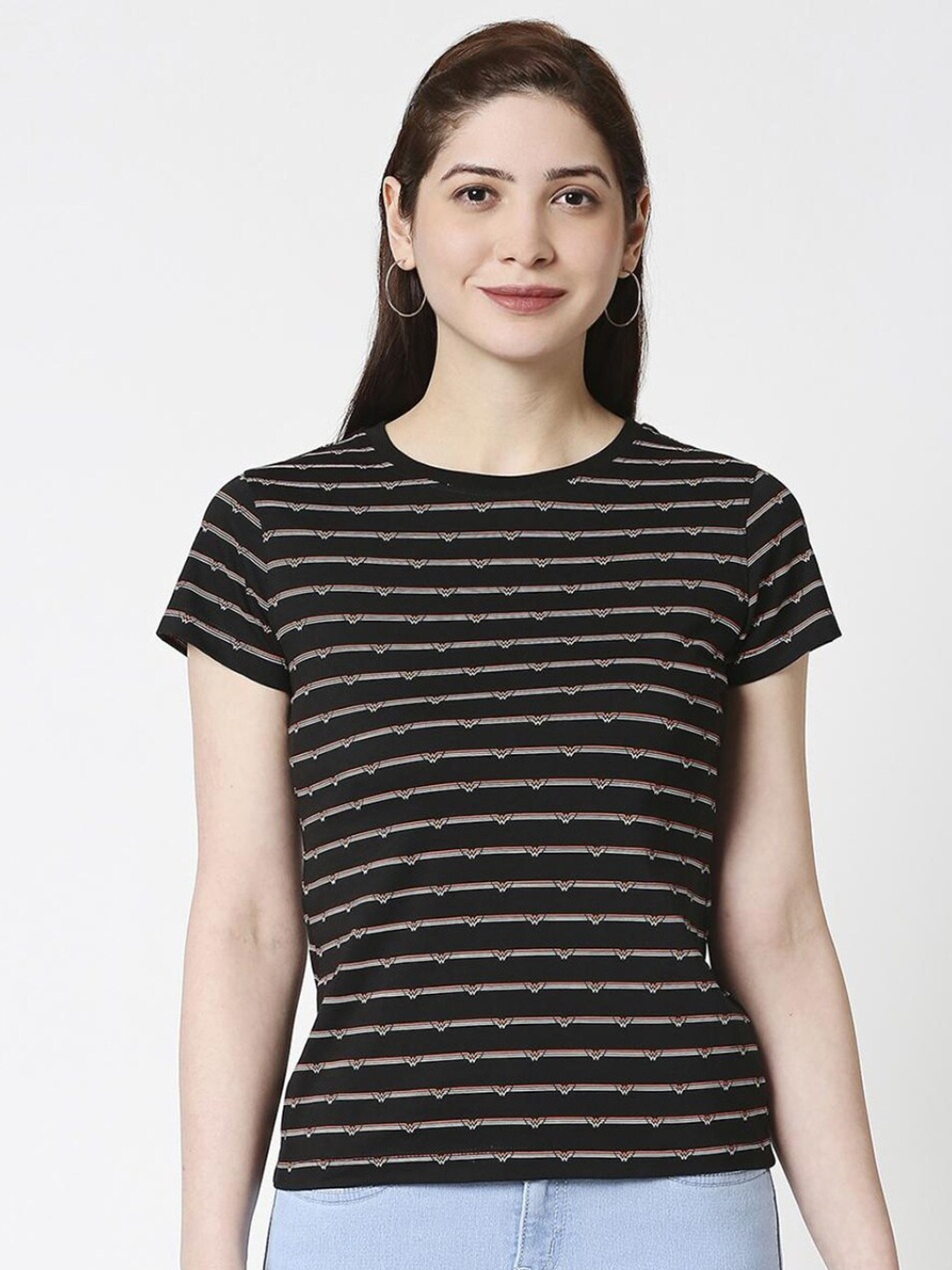 

Bewakoof Women Black Striped Pure Cotton T-shirt