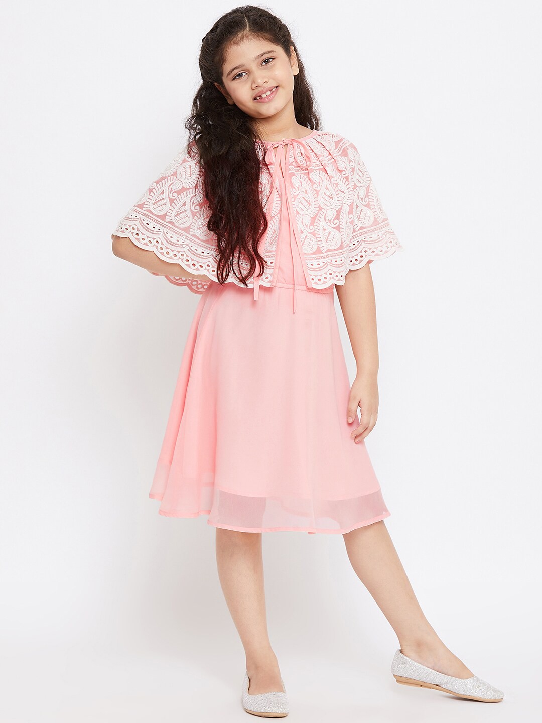 

Stylo Bug Pink A-Line Midi Dress With Floral Cape Jacket