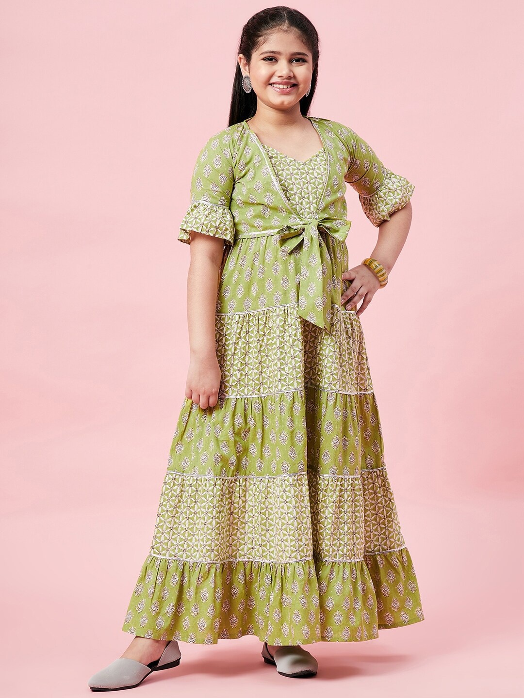 

Stylo Bug Green Ethnic Motifs Printed Layered Pure Cotton Ethnic Maxi Dress