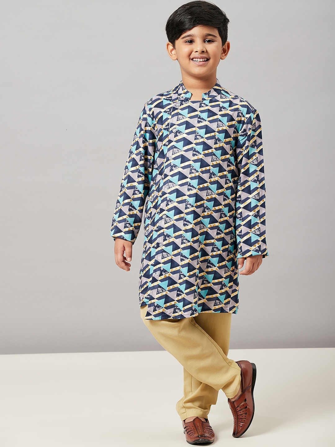 

Stylo Bug Boys Blue Printed Angrakha Pure Cotton Kurta with Dhoti Pants