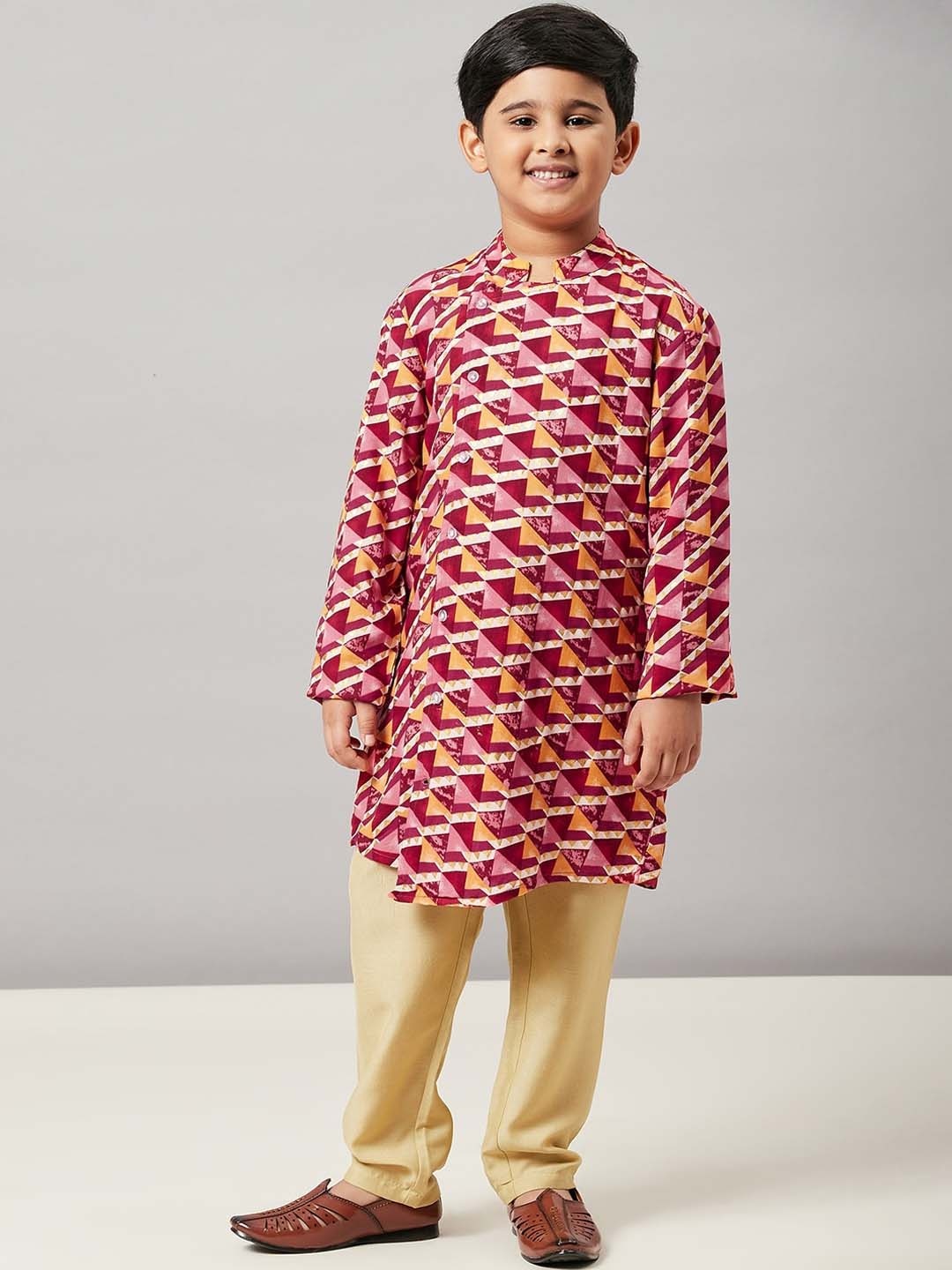 

Stylo Bug Boys Red Printed Angrakha Pure Cotton Kurta with Pyjamas