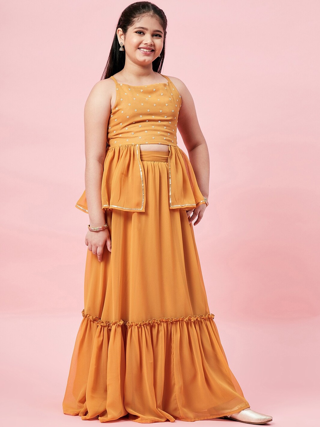 

Stylo Bug Girls Mustard Top With Printed Layered Lehenga