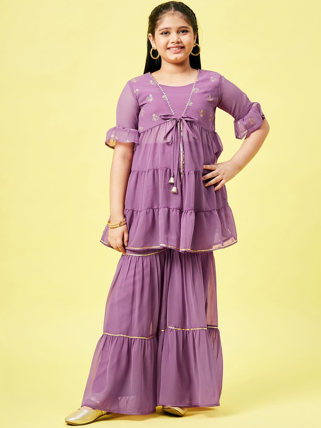 

Stylo Bug Girls Purple Floral Printed Gotta Patti Kurta with Sharara
