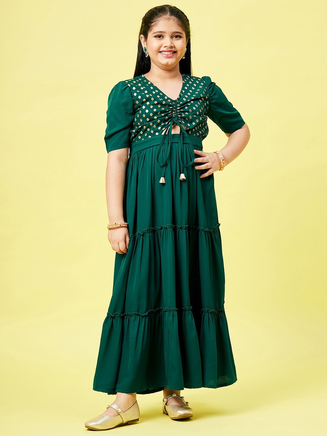 

Stylo Bug Girls Green Embellished Layered Ethnic Maxi Dress