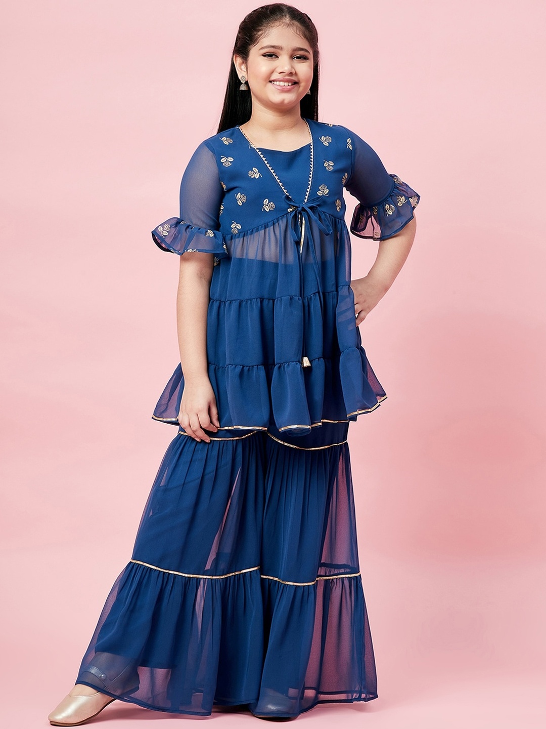 

Stylo Bug Girls Blue Tiered Kurti with Sharara