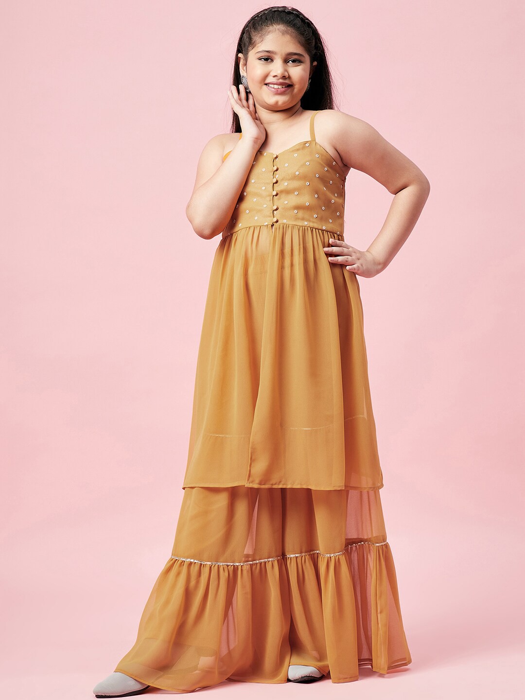 

Stylo Bug Girls Mustard Yellow Embroidered Kurti with Palazzos