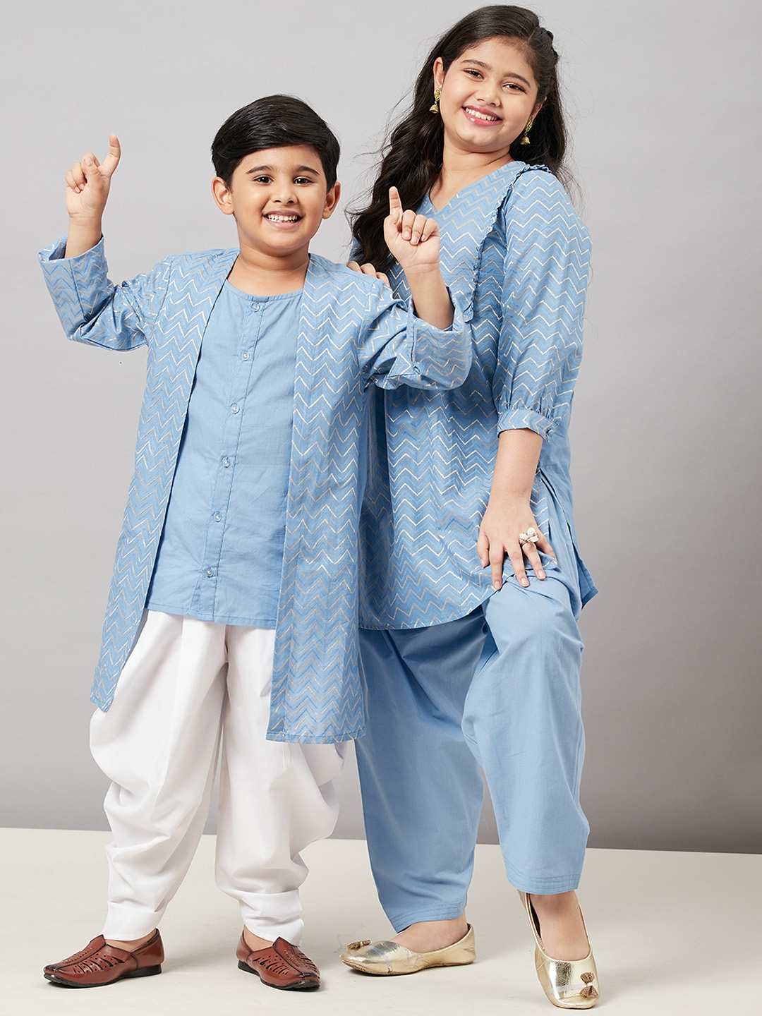 

Stylo Bug Boys Blue Layered Pure Cotton Kurta with Dhoti Pants