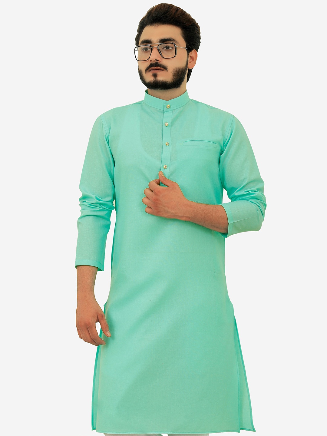 

Tibra Collection Men Aqua Green Long Sleeves Mandarin Collar Kurta