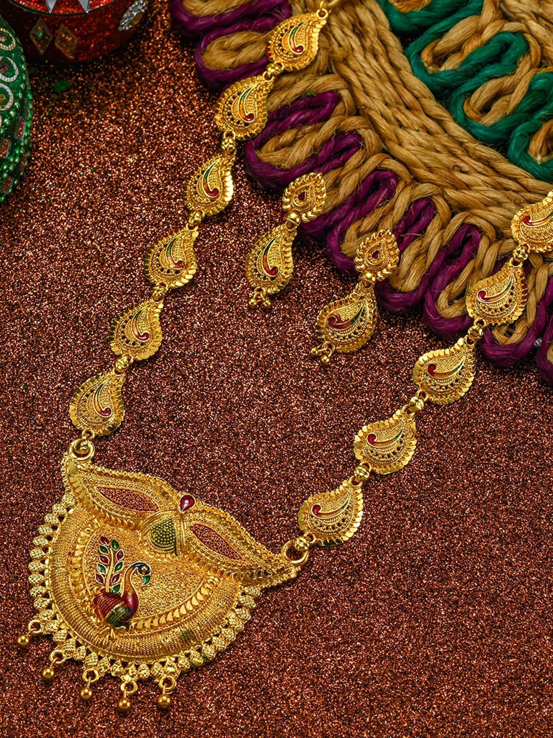 

FEMMIBELLA Gold-Plated Peacock Designed Meenakari Jewellery Set