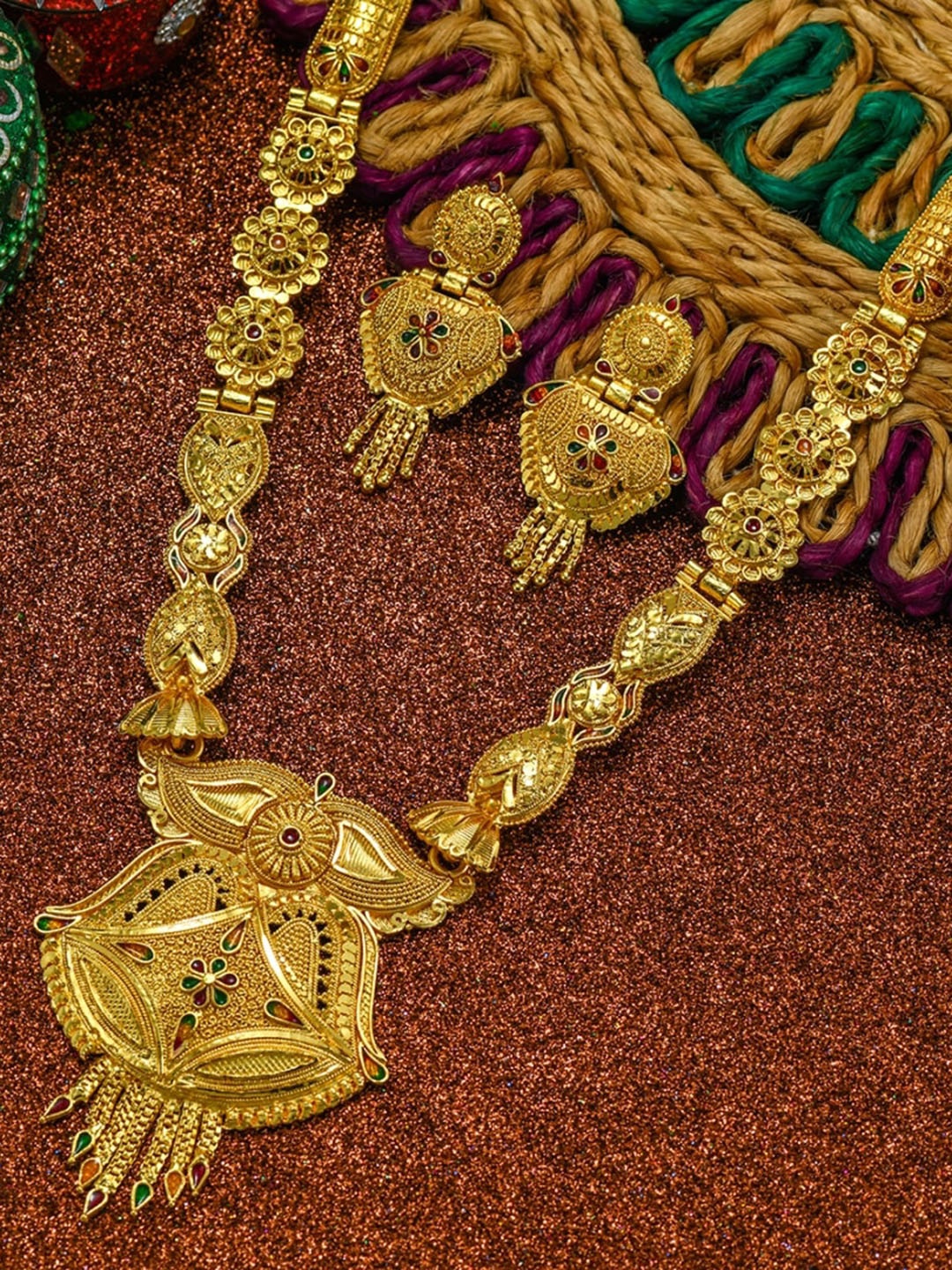 

FEMMIBELLA Gold- Plated Meenakari Long Haaram Necklace Set